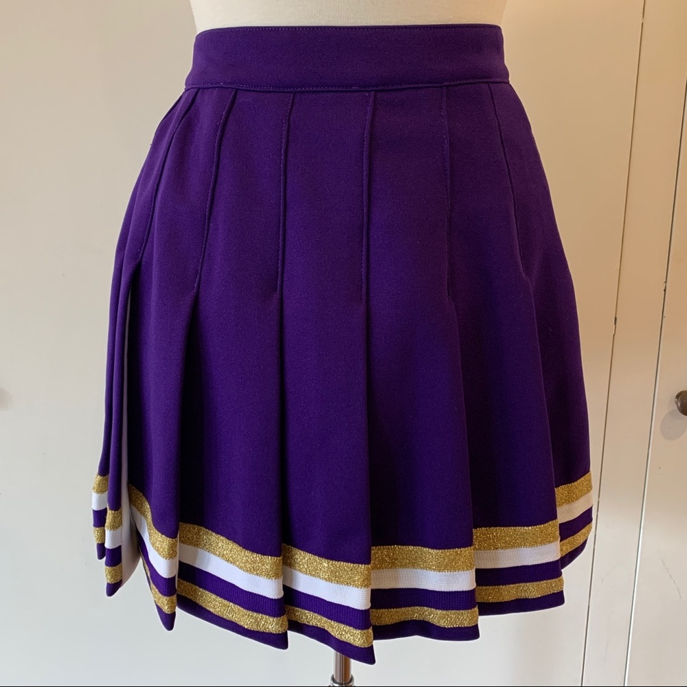 Uni-S purple cheer skirt with white and gold trim small/medium